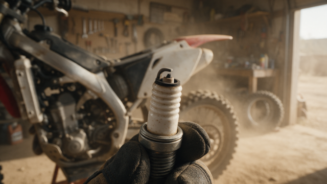 Main gantée tenant une bougie moto cross démontée devant une moto couverte de poussière dans un garage